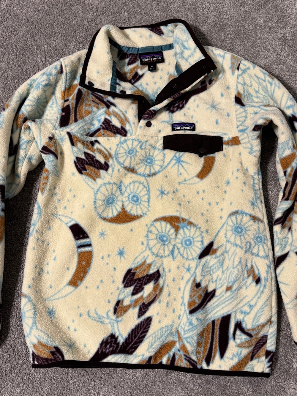 Patagonia Cream Fleece Pullover with Blue and Brown Accents
